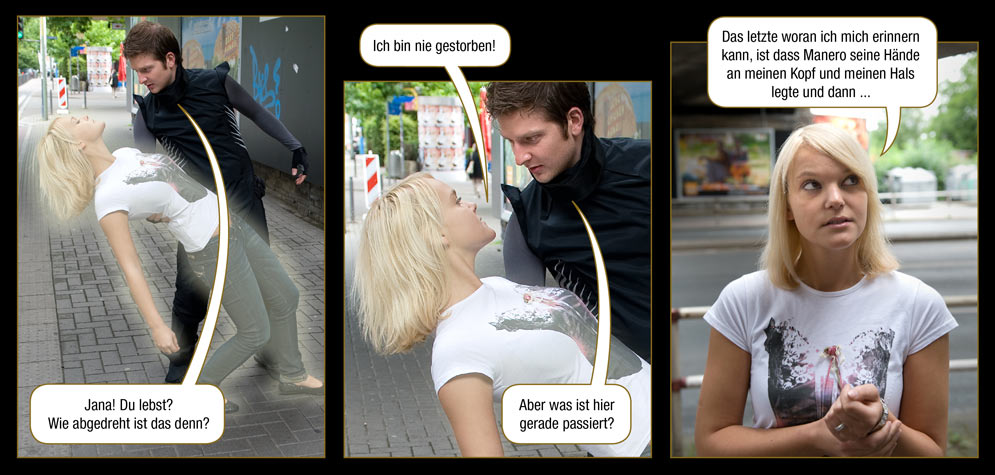 Seite 34: Marc: Jana! Du lebst? Wie abgedreht ist das denn? / Jana: Ich bin nie gestorben! / Marc: Aber was ist hier gerade passiert? / Jana: Das letzte woran ich mich erinnern kann, ist dass Manero seine H�nde an meinen Kopf und meinen Hals legte und dann ...