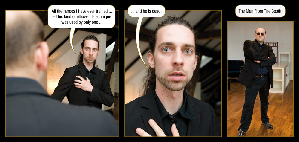 Episode 7, Page 14: The Master: All the heroes I have ever trained ... – This kind of elbow-hit-technique was used by only one ... and he is dead! The Man From The Booth!